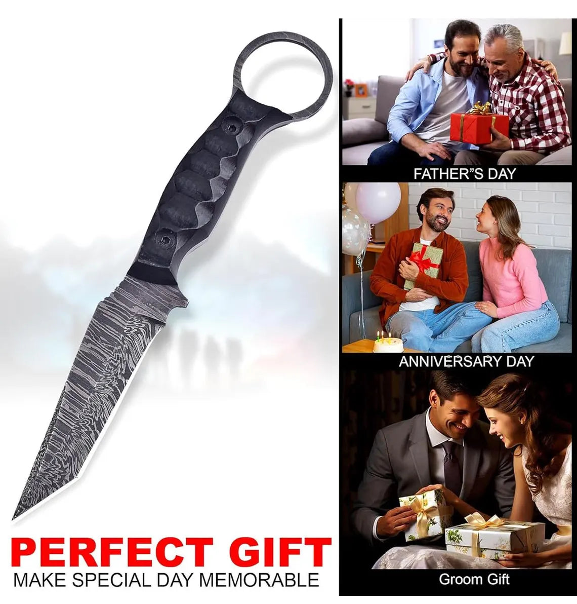 Kukri knife with images of a couple on Father's Day, Anniversary, and Groom gift occasions.