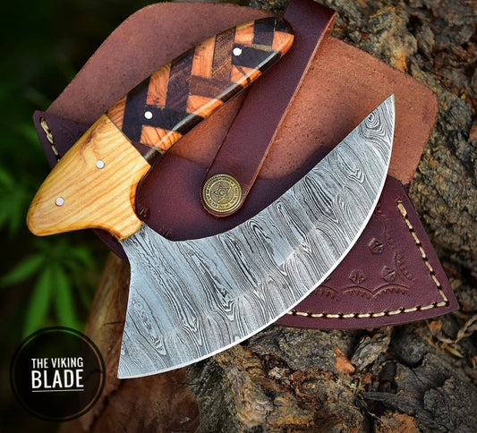 Custom handmade forged Damascus steel ULU chef knife with genuine leather sheath for kitchen use