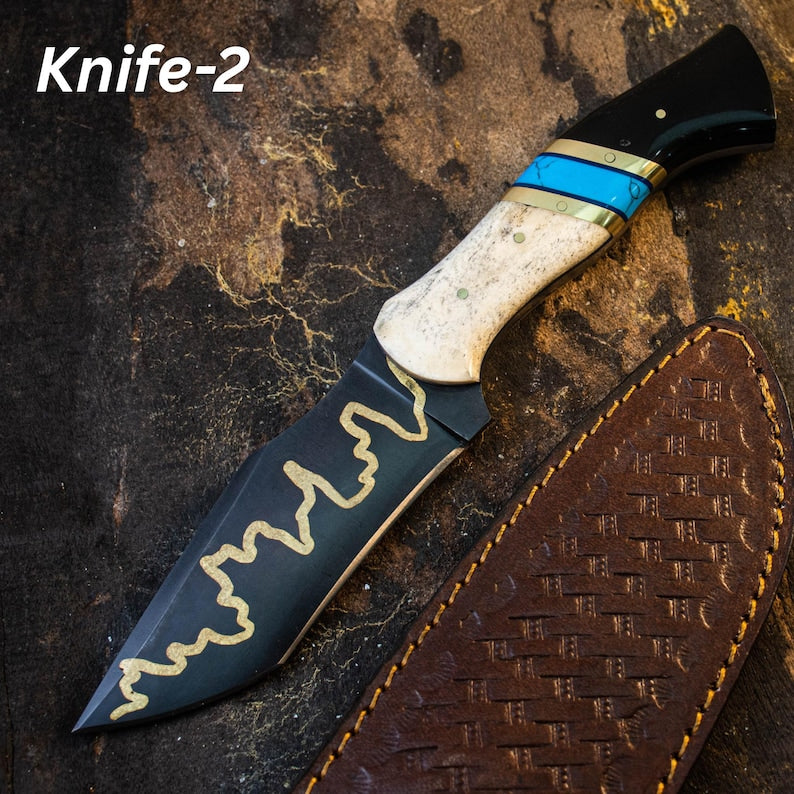 Knife with decorative blade and handle on textured background