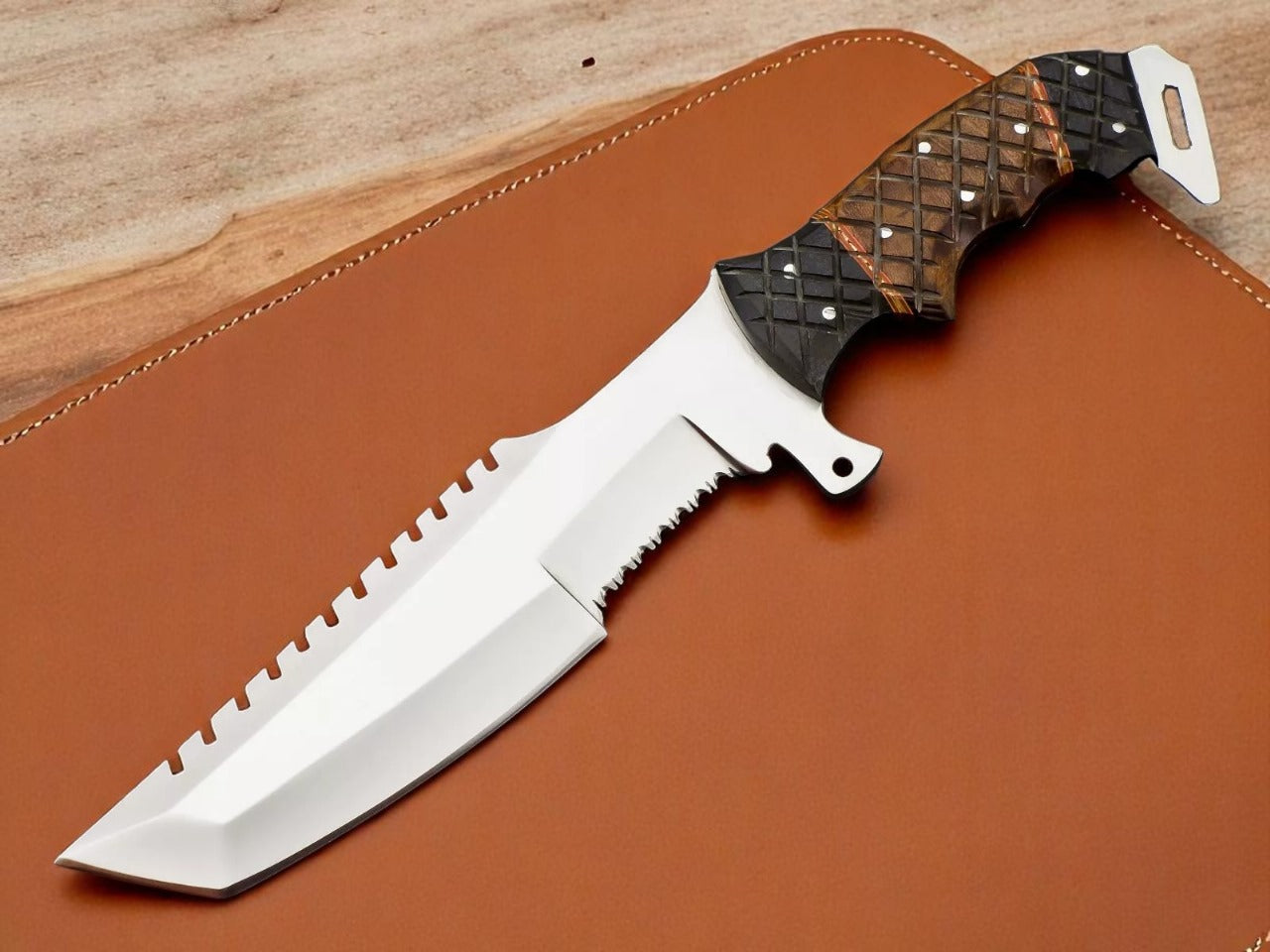 Forked blade knife with wooden handle on leather sheath