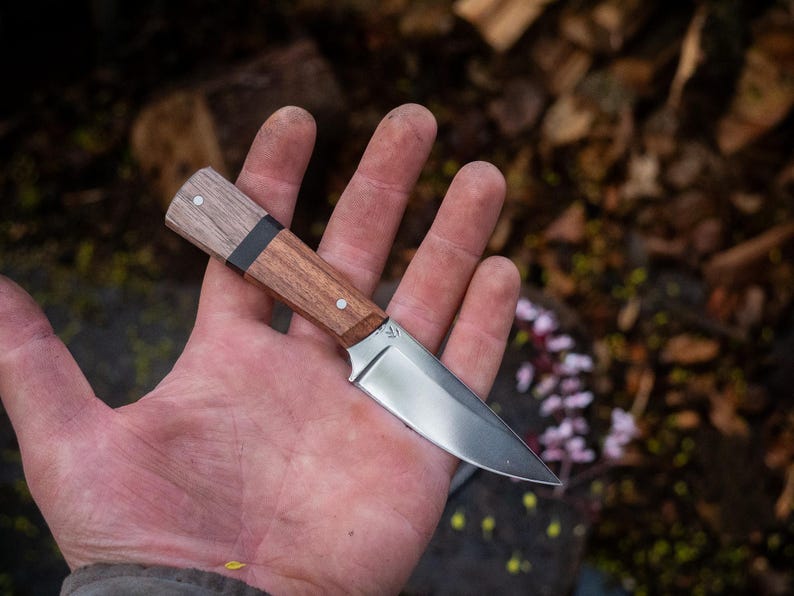 Small knife with wooden handle held in hand against a blurred natural background