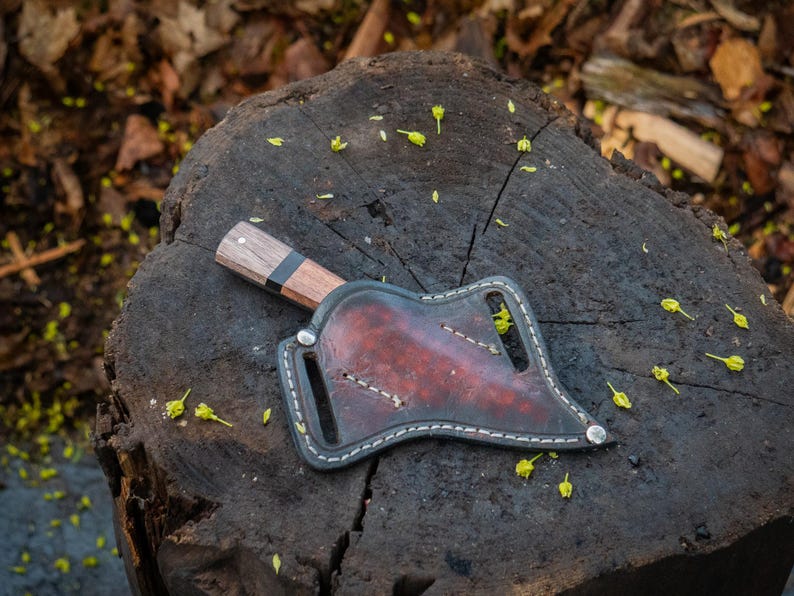Small axe with a clear handle on a wooden stump.