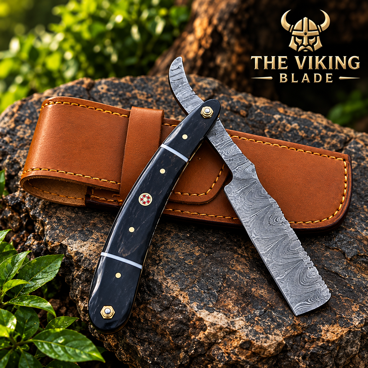 Handmade Damascus Steel Straight Razor with Black Horn Handle, spacers, and mosaic pin. Premium craftsmanship, sharp blade, and precise shaving.

