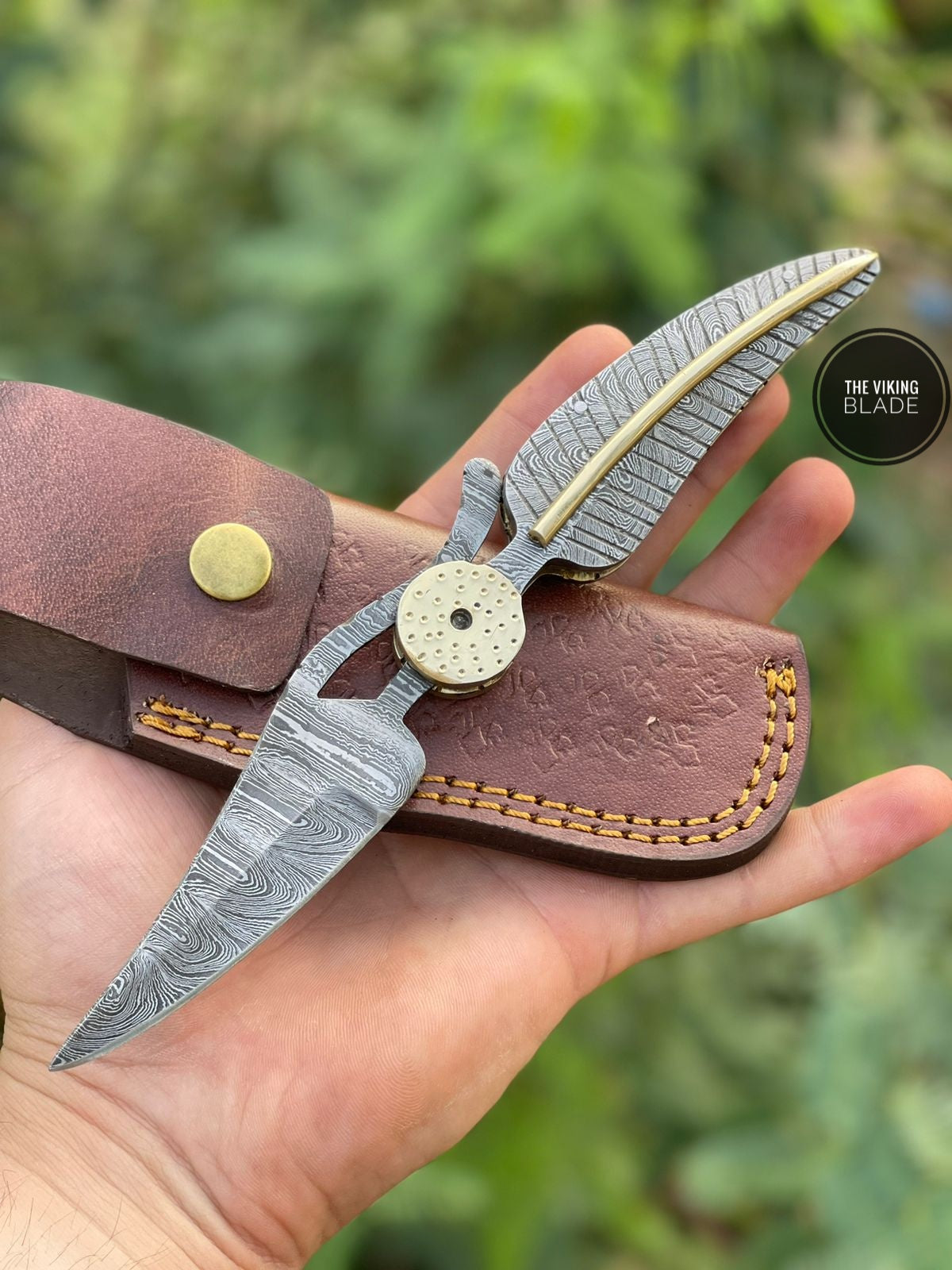 Damascus Folding Knife with Brass File Work – Handcrafted with Leather Sheath