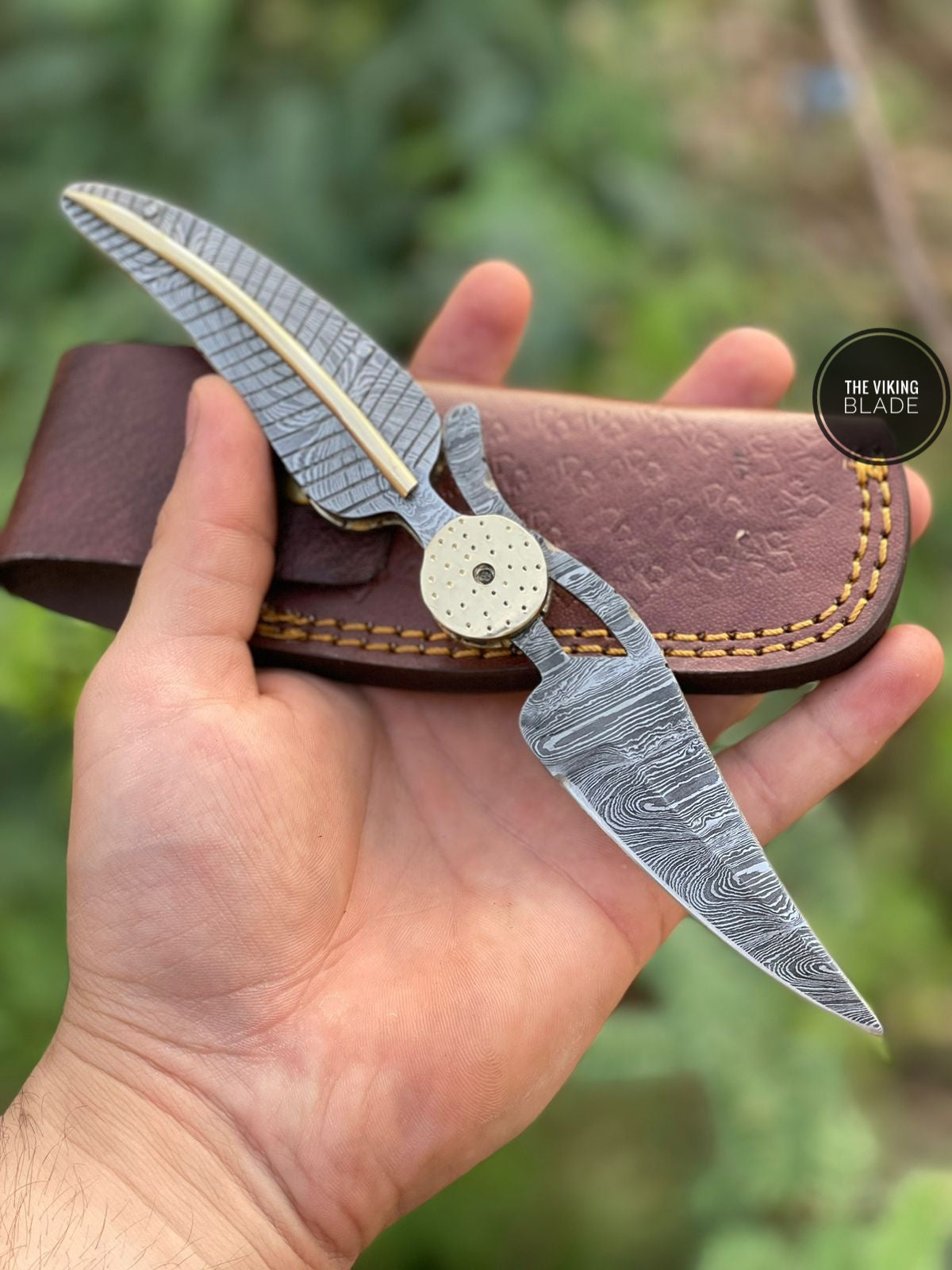 Damascus Folding Knife with Brass File Work – Handcrafted with Leather Sheath