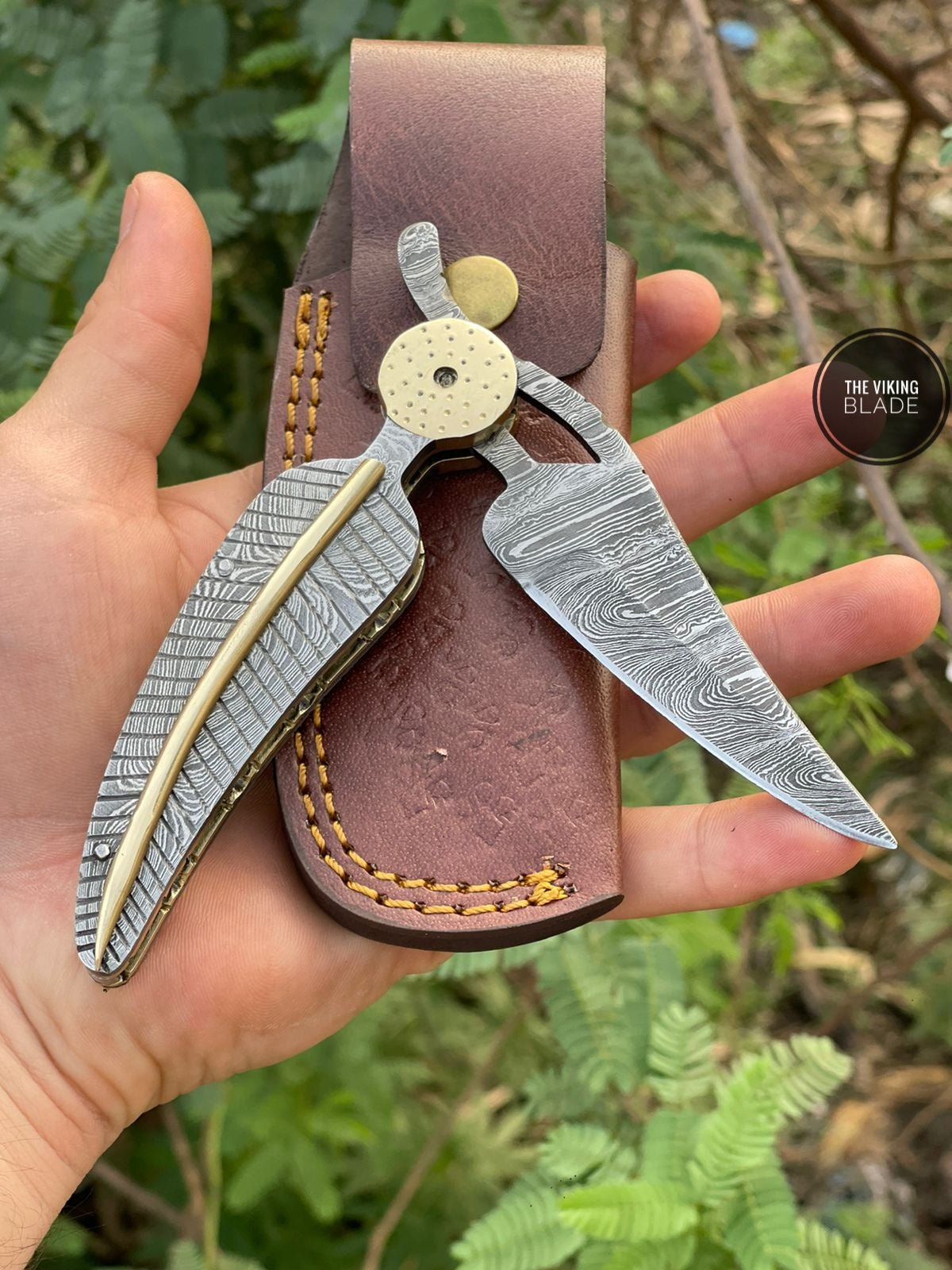 Damascus Folding Knife with Brass File Work – Handcrafted with Leather Sheath