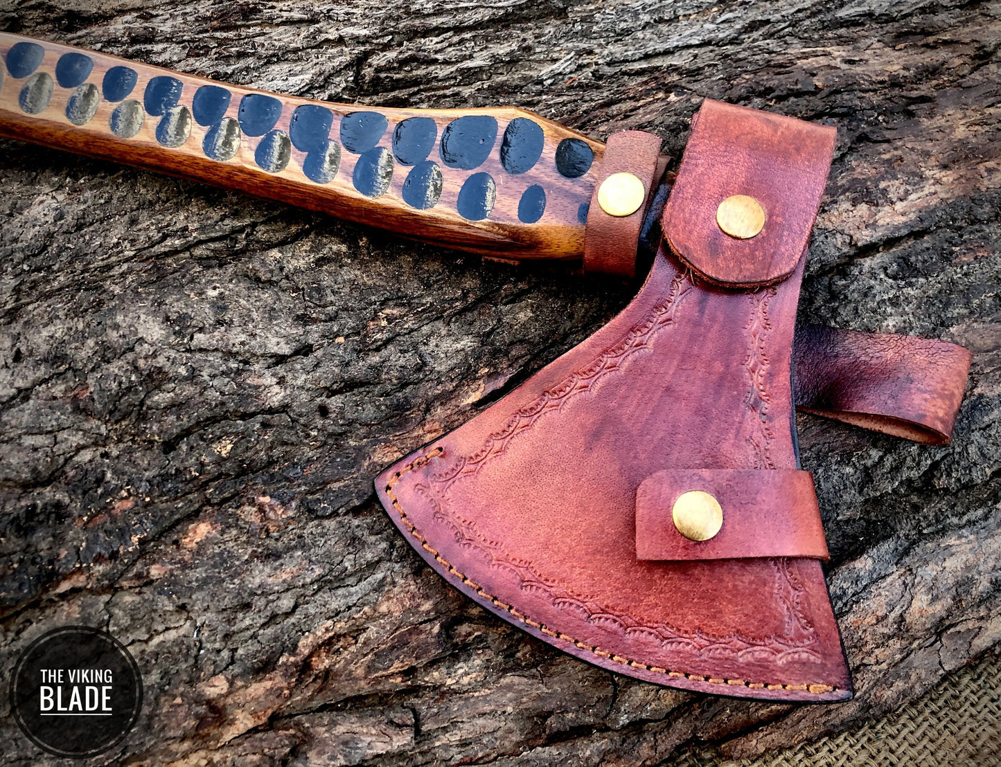 Damascus Steel Axe With Stone Textured Rose Wood Handle | The Viking Blade |