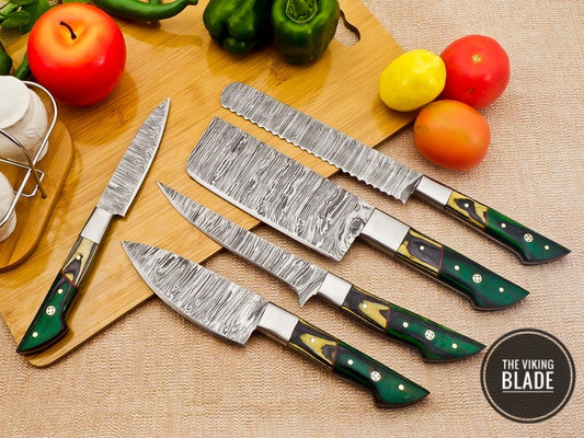Custom Handmade Damascus Steel Chef Kitchen Knives Set With Leather Roll Kit | The Viking Blade |