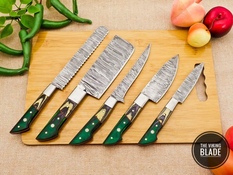 Custom Handmade Damascus Steel Chef Kitchen Knives Set With Leather Roll Kit | The Viking Blade |