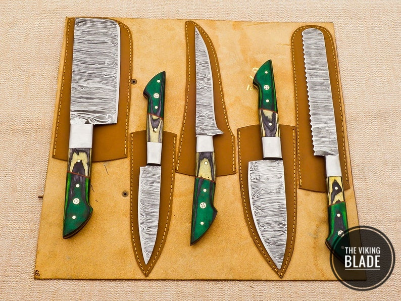 Custom Handmade Damascus Steel Chef Kitchen Knives Set With Leather Roll Kit | The Viking Blade |