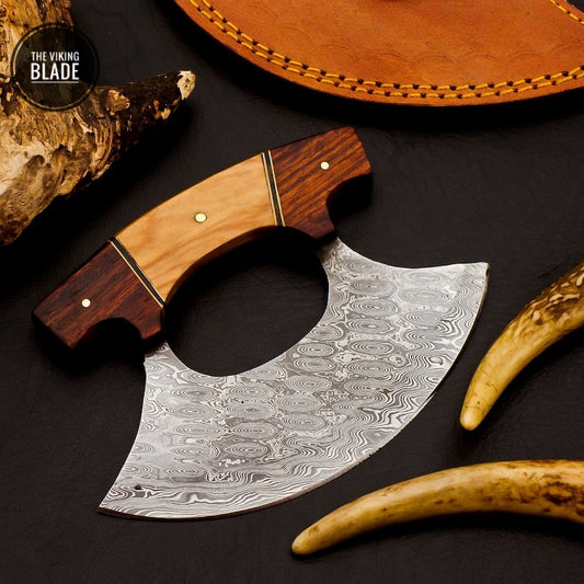 Damascus steel Ulu chef knife featuring premium Koa wood handle and leather sheath