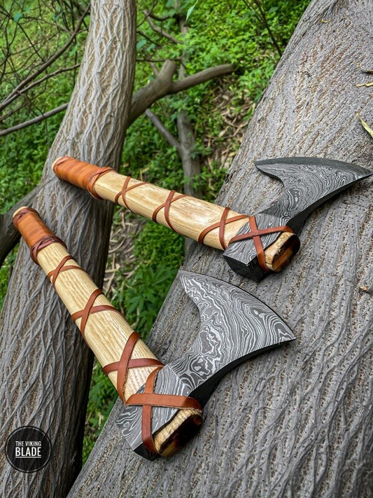 Damascus Viking Axe With Ashwood Handle, Leather Wrap And Leather Sheath | The Viking Blade |