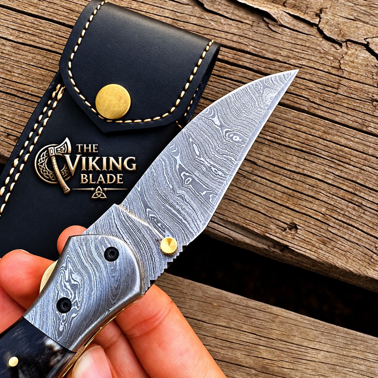 Damascus steel folding knife with natural Ram Horn handle