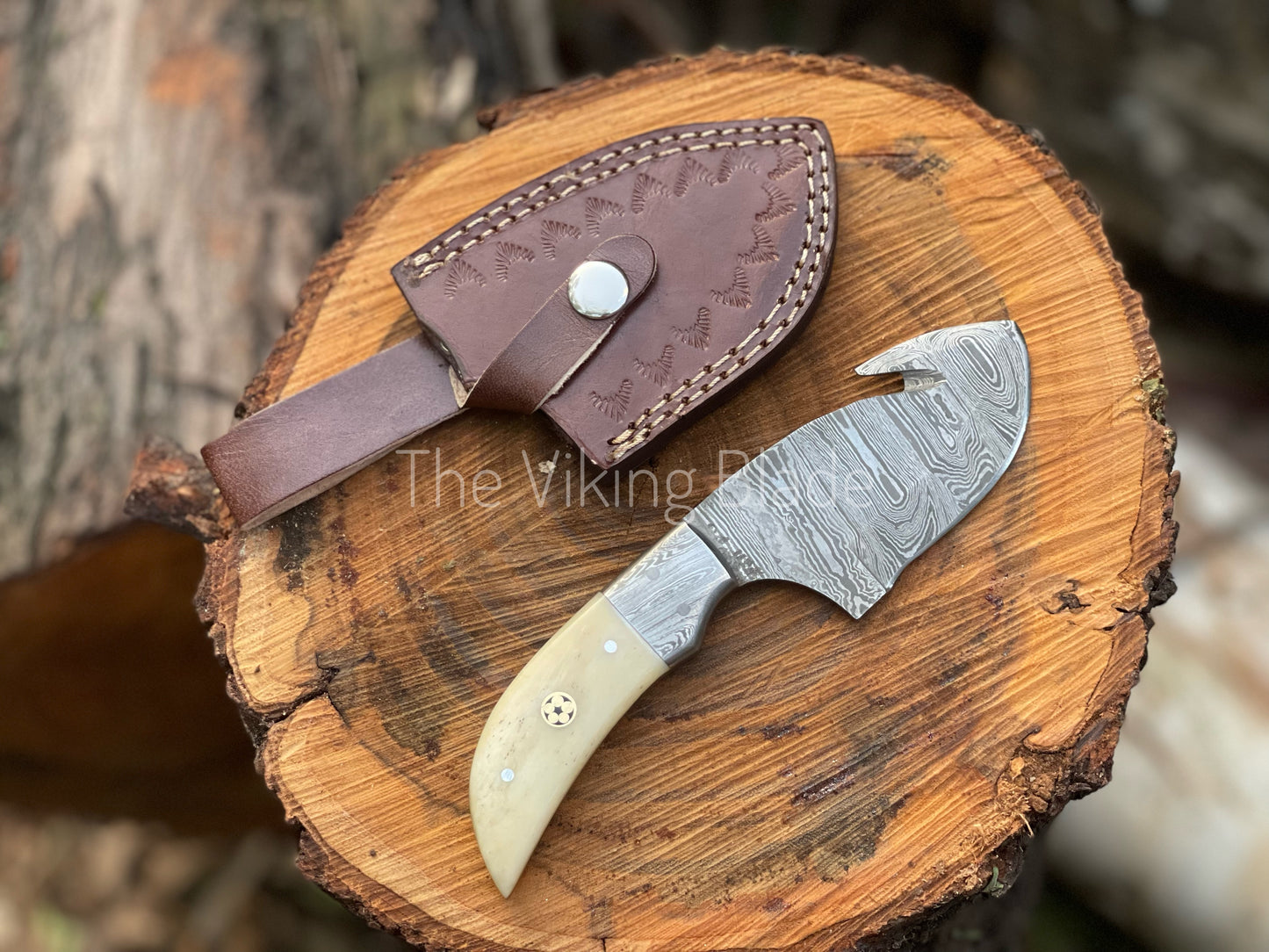 Custom Handmade Damascus Steel Gut Hook Hunting Knife With Leather Sheath