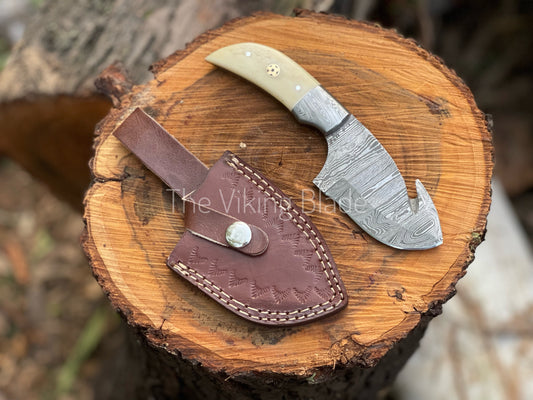 Custom Handmade Damascus Steel Gut Hook Hunting Knife With Leather Sheath