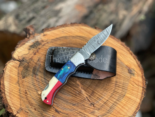 Custom Handmade Damascus Steel Folding Pocket Knife With Leather Pouch