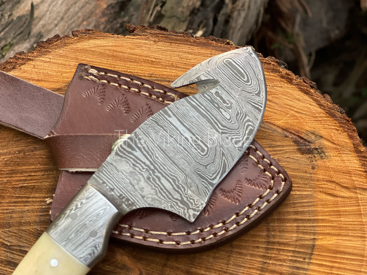 Custom Handmade Damascus Steel Gut Hook Hunting Knife With Leather Sheath