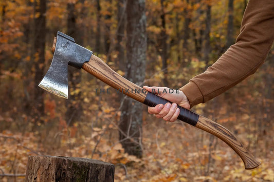Hand holding a axe over a wooden stump with a forest background