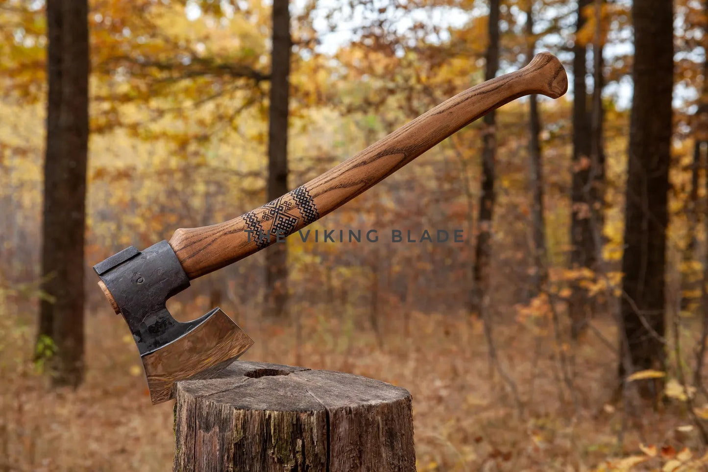 Wooden axe on a wooden stump with a forest background