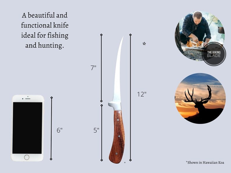 A 12-inch fish fillet knife with a handcrafted exotic wood handle, displayed in front of a smartphone for size comparison, and an image showing its use in cutting fish.