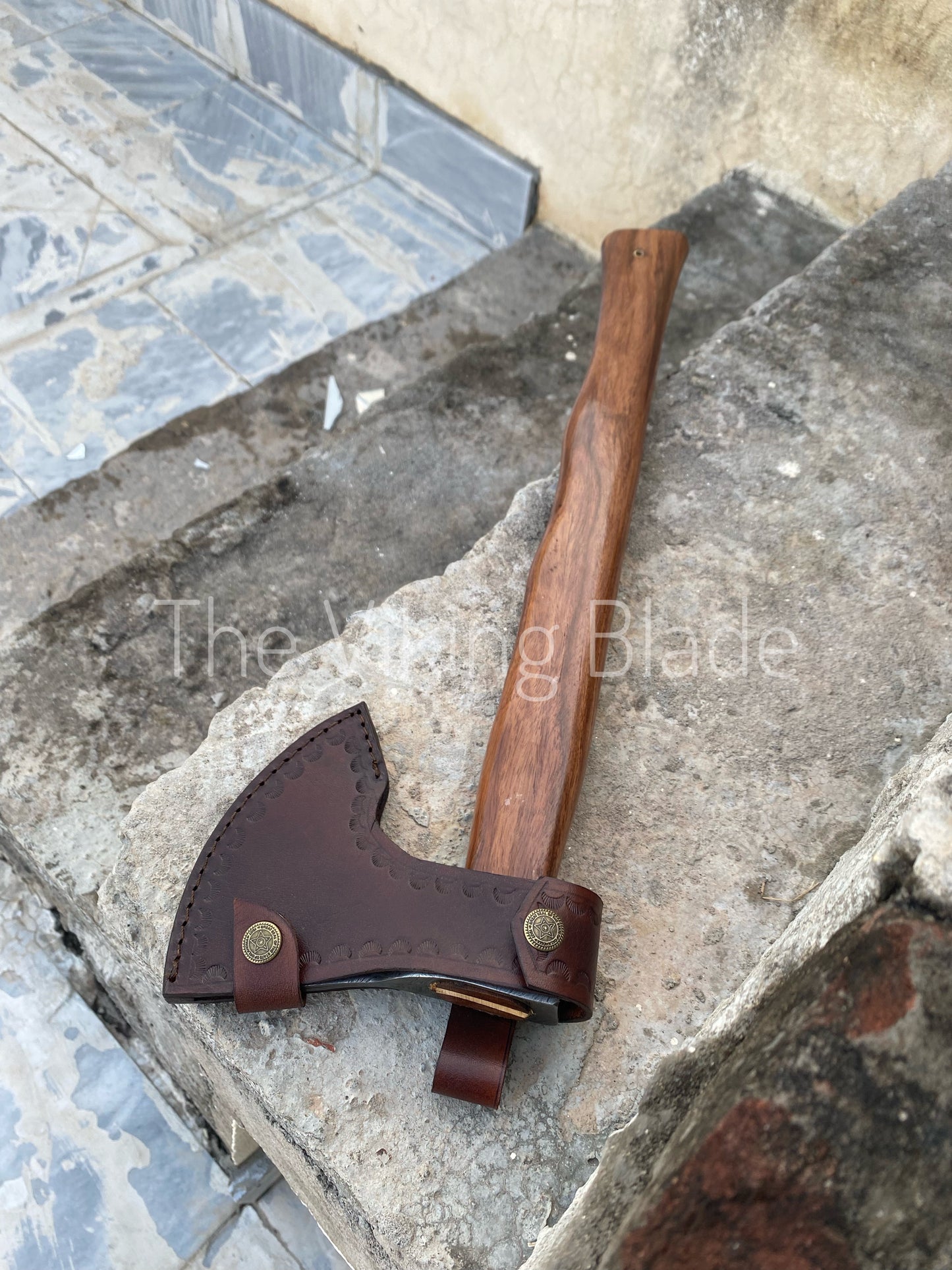 Custom Handmade Damascus Steel Axe With Leather Sheath