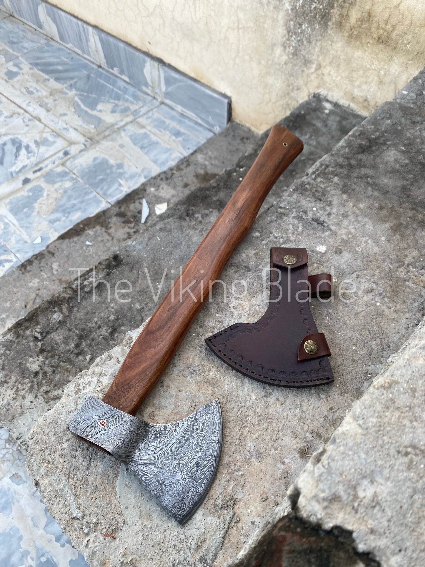 Custom Handmade Damascus Steel Axe With Leather Sheath