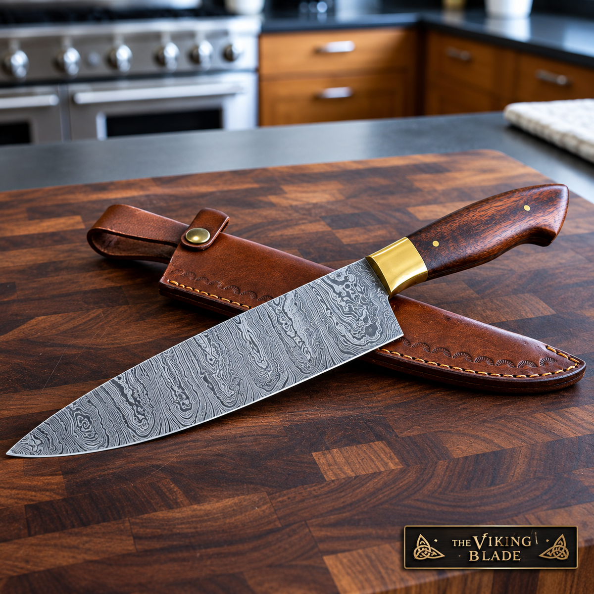 A chef's knife with a patterned steel blade and wooden handle resting on a brown leather sheath, placed on a dark wood cutting board in a kitchen setting. The logo 'THE VIKING BLADE' is visible in the bottom right corner.