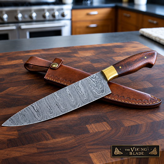 A chef's knife with a patterned steel blade and wooden handle resting on a brown leather sheath, placed on a dark wood cutting board in a kitchen setting. The logo 'THE VIKING BLADE' is visible in the bottom right corner.