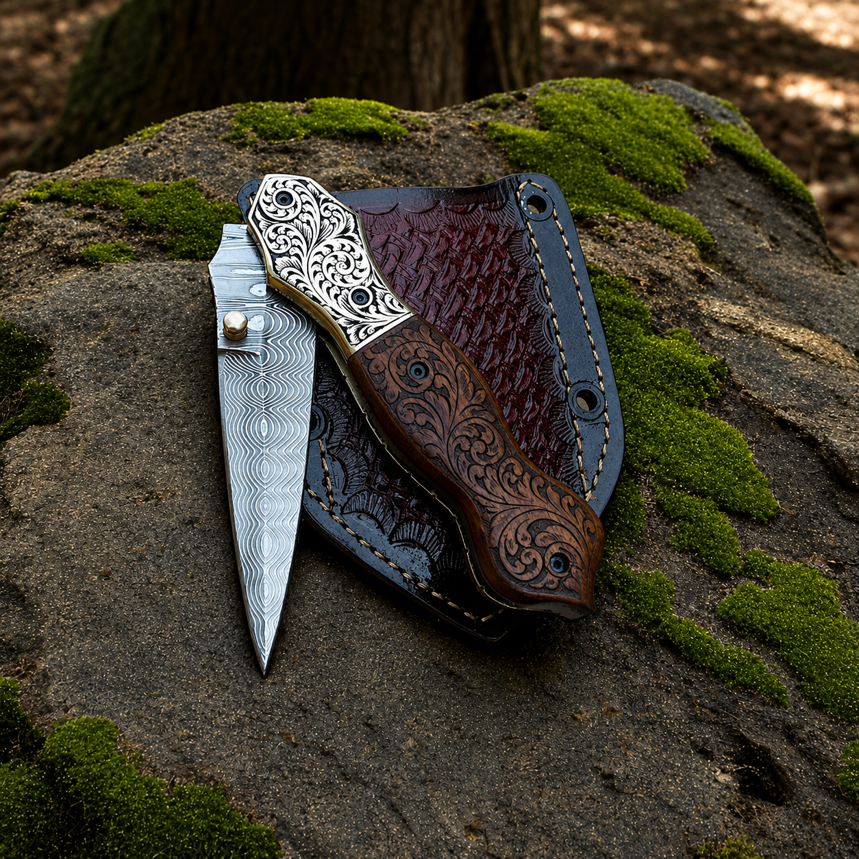 A folding pocket knife with a Damascus steel blade and ornate silver handle rests beside its dark brown leather sheath on a mossy tree root in a forest setting.