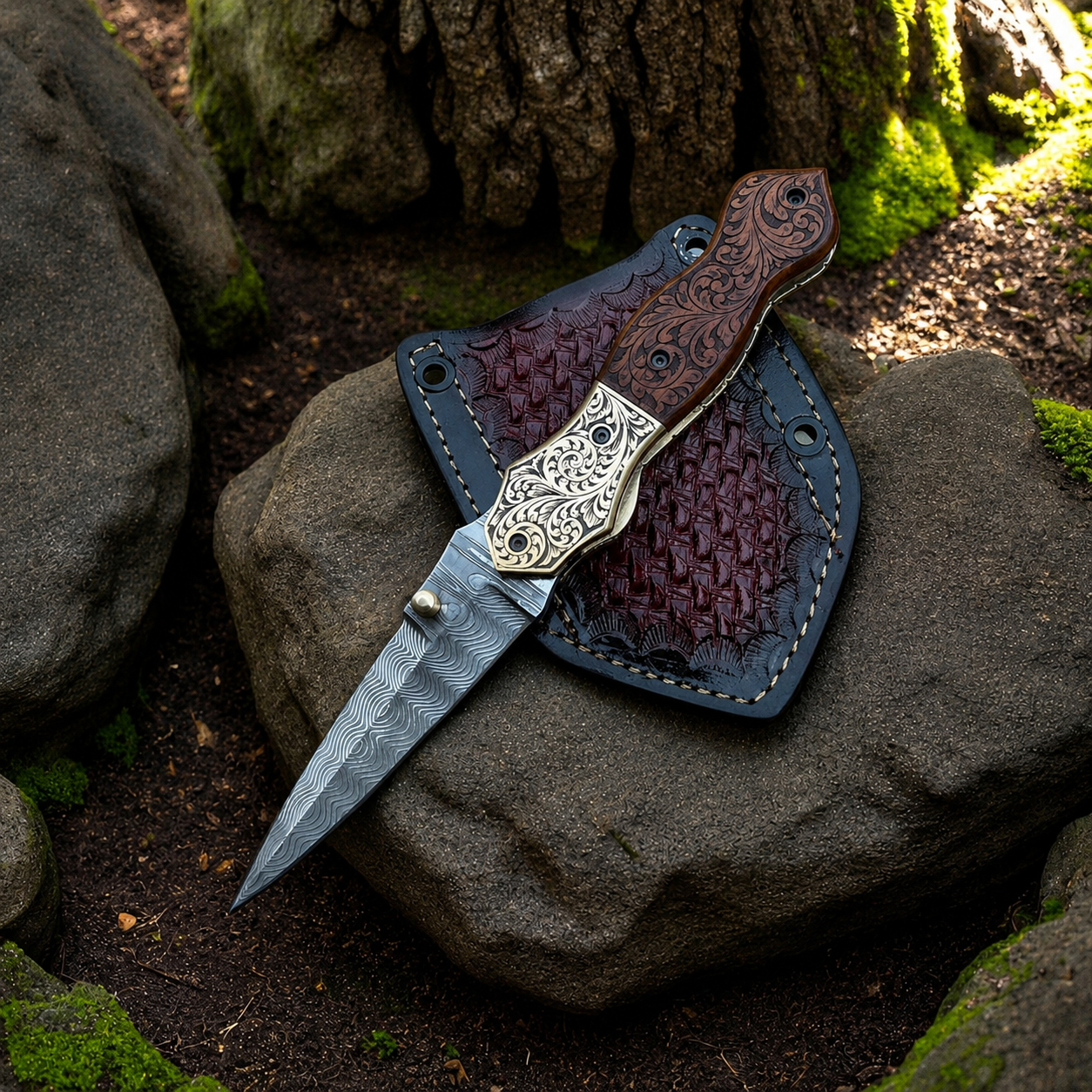 A folding pocket knife with a patterned steel blade, ornate silver-toned bolster, and carved brown handle, resting on a dark leather sheath placed on large rocks outdoors.