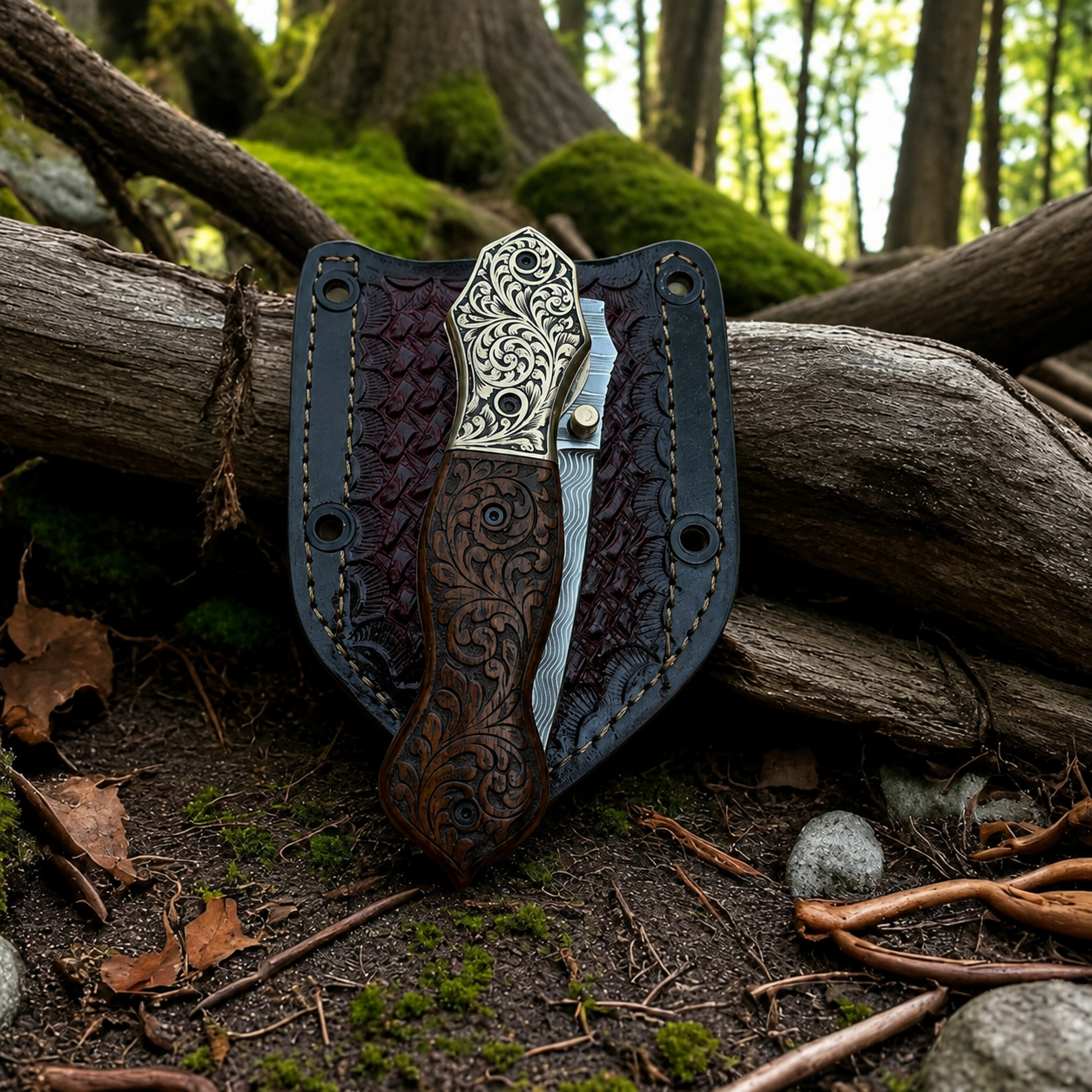 A handcrafted folding knife with an ornate silver filigree handle and a dark brown carved wooden grip, resting in its custom black leather sheath on a forest floor log surrounded by moss, twigs, and rocks.