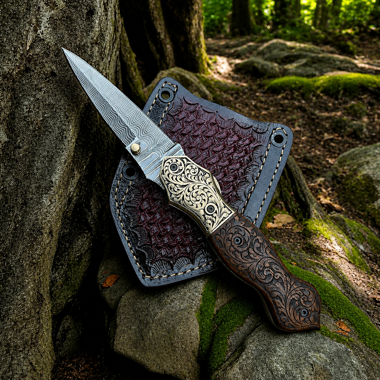 A decorative fixed-blade knife with a patterned steel blade, ornate silver guard, and carved dark brown handle, resting on a dark purple leather sheath outdoors against a tree trunk in a forest setting.