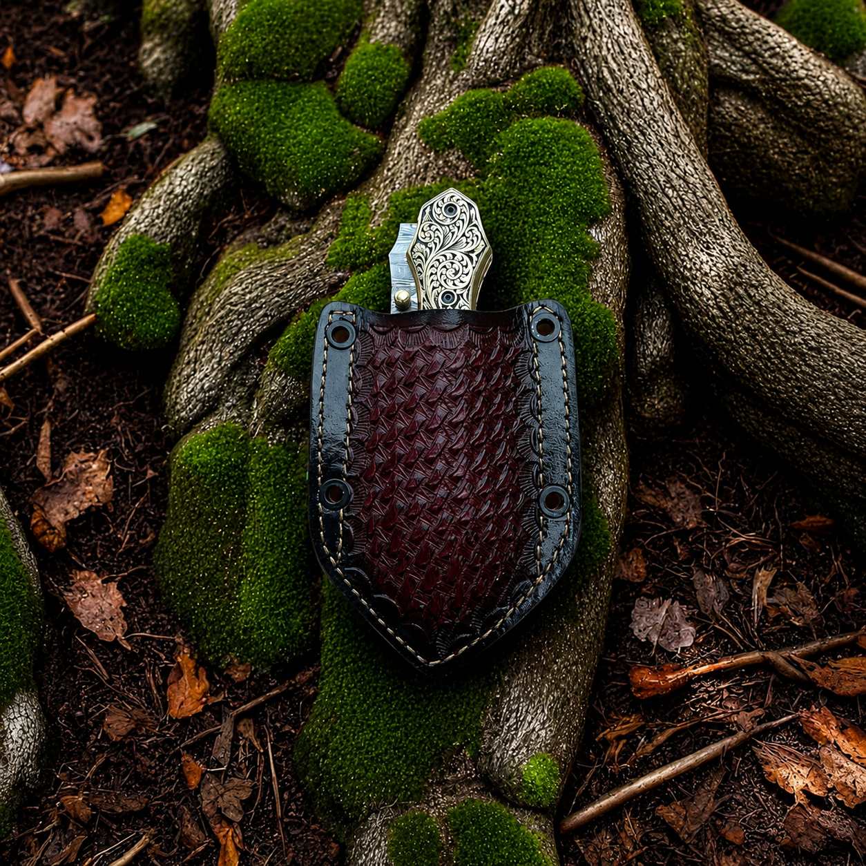 A small knife with an ornate silver handle rests in a dark reddish-brown textured leather sheath, placed on mossy tree roots outdoors.