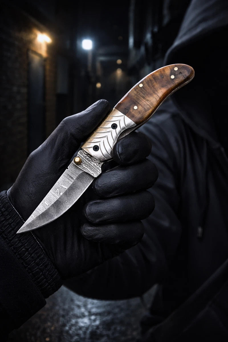 Hand-Forged Damascus Steel Folding Pocket Knife – Hunting, Camping & EDC Knife with Genuine Leather Sheath