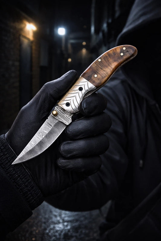 Hand-Forged Damascus Steel Folding Pocket Knife – Hunting, Camping & EDC Knife with Genuine Leather Sheath