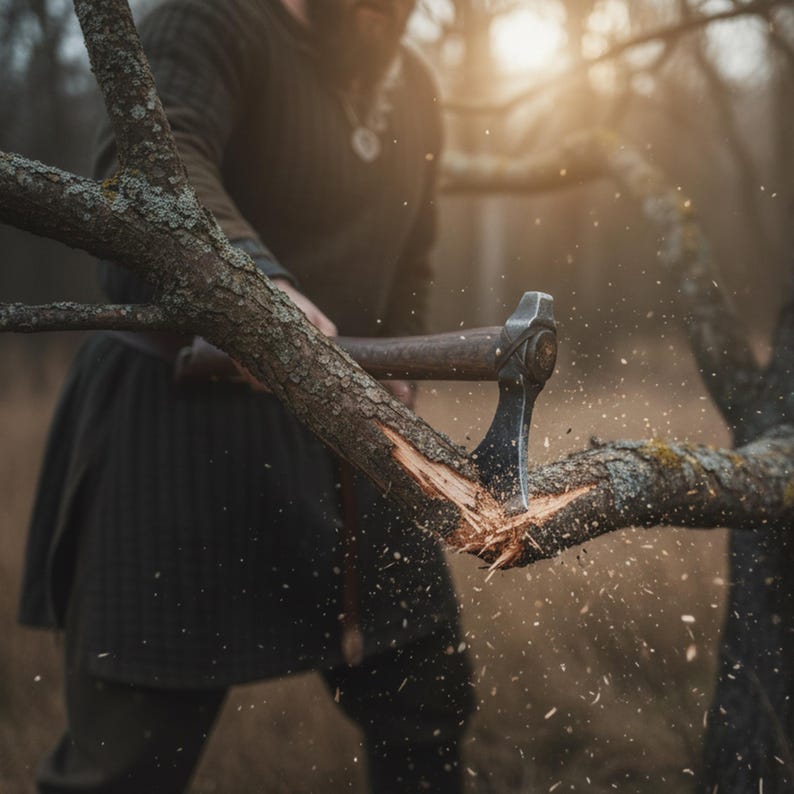 Person chopping a branch with an axe in a forest setting