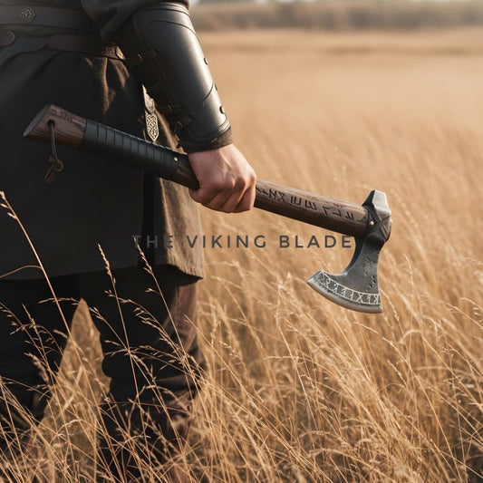 Person holding a Viking-style axe in a field with 'The Viking Blade' branding.
