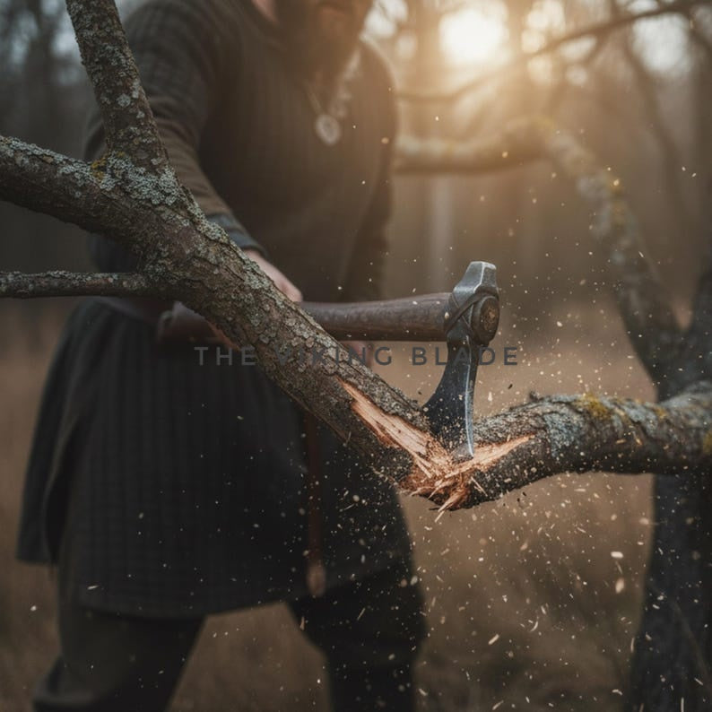 Person chopping a branch with an axe in a forest setting