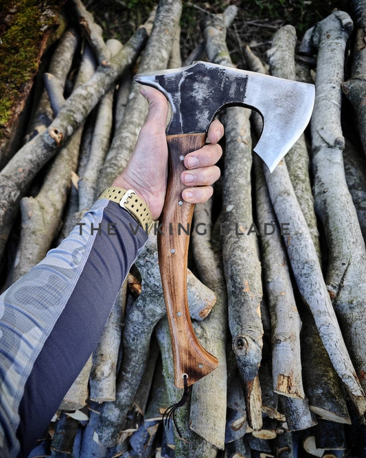 Hand holding a axe over a pile of logs