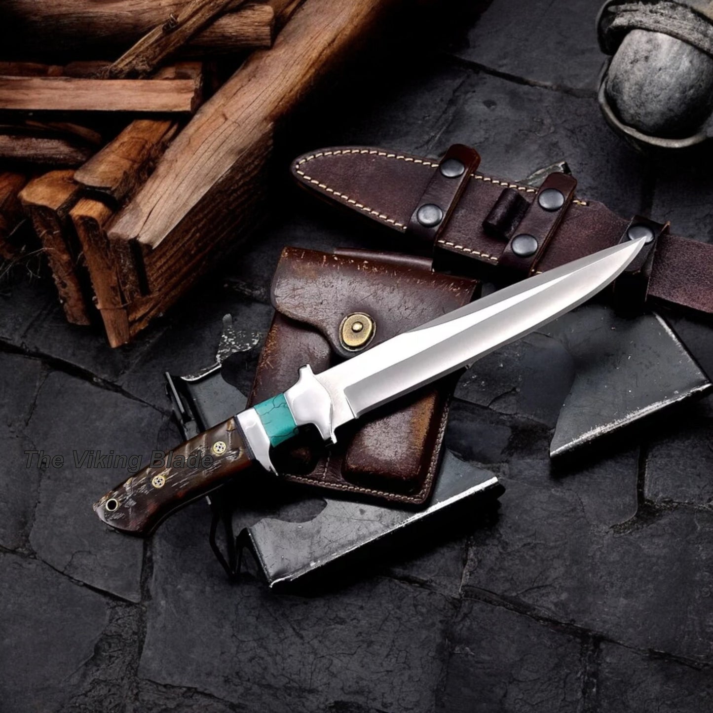 Hand Forged Custom Sheep Horn Turquoise Sub Hilt Hunting Camping Knife With Leather Sheath