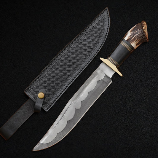 A fixed-blade knife with a scalloped steel blade, a dark wood handle with brass fittings, and a textured black leather sheath, displayed on a black background.