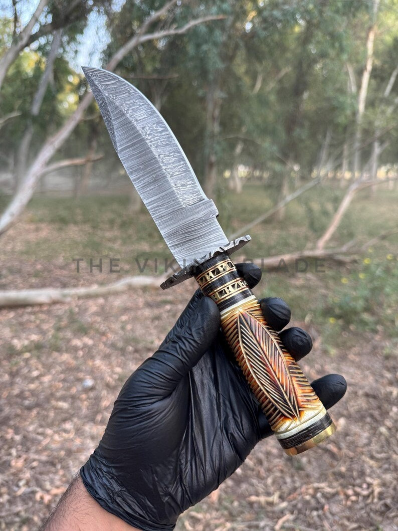 Custom Hand Forged Damascus Steel Bowie Knife – Burn Carved Camel Bone Handle