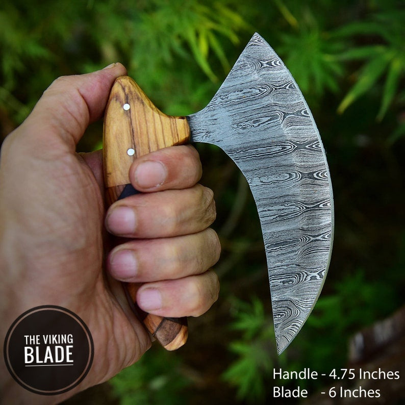 Hand forged Damascus steel ULU knife designed for professional chefs with durable leather cover