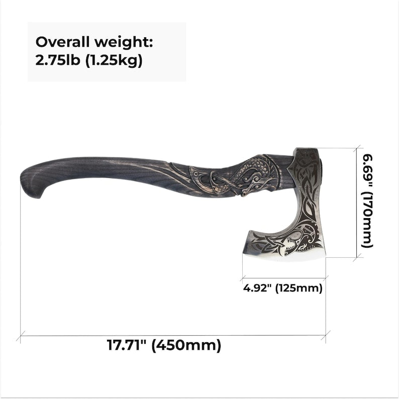 Decorative axe with measurements and weight displayed on a white background