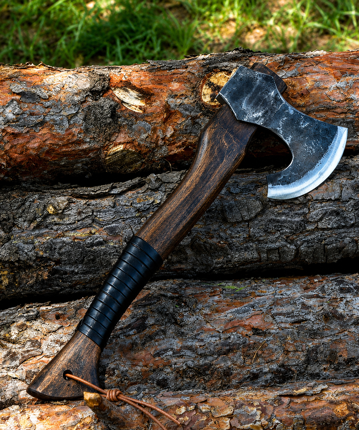 A hand axe with a dark wood handle, black grip wrap, and a silver steel head rests diagonally on stacked logs outdoors.