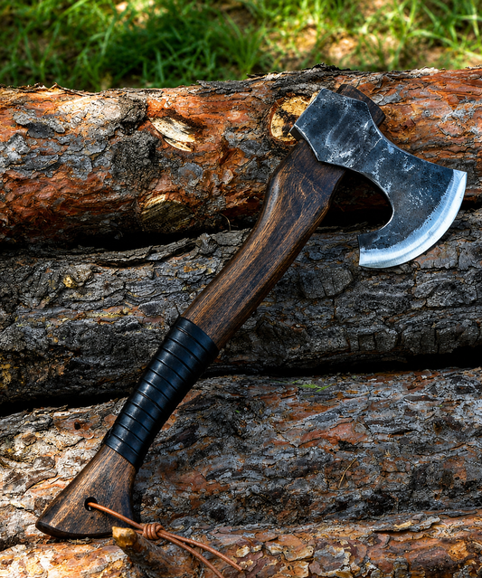 A hand axe with a dark wood handle, black grip wrap, and a silver steel head rests diagonally on stacked logs outdoors.