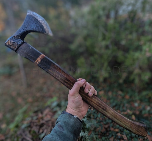 Hand holding a axe with a blurred natural background