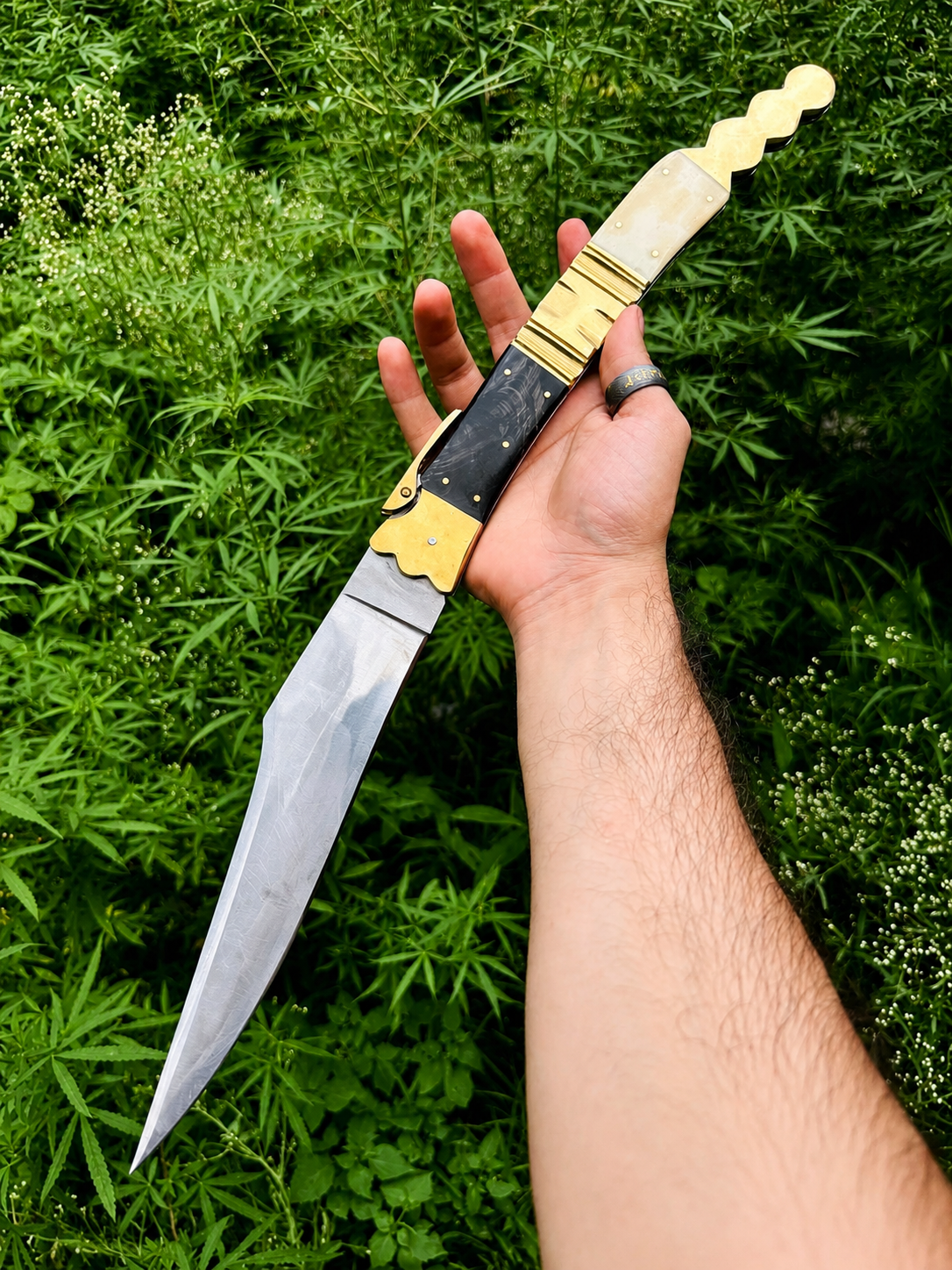 A hand holding a fixed-blade knife with a silver blade, black handle scales, and gold-toned metal accents, set against a background of green foliage.