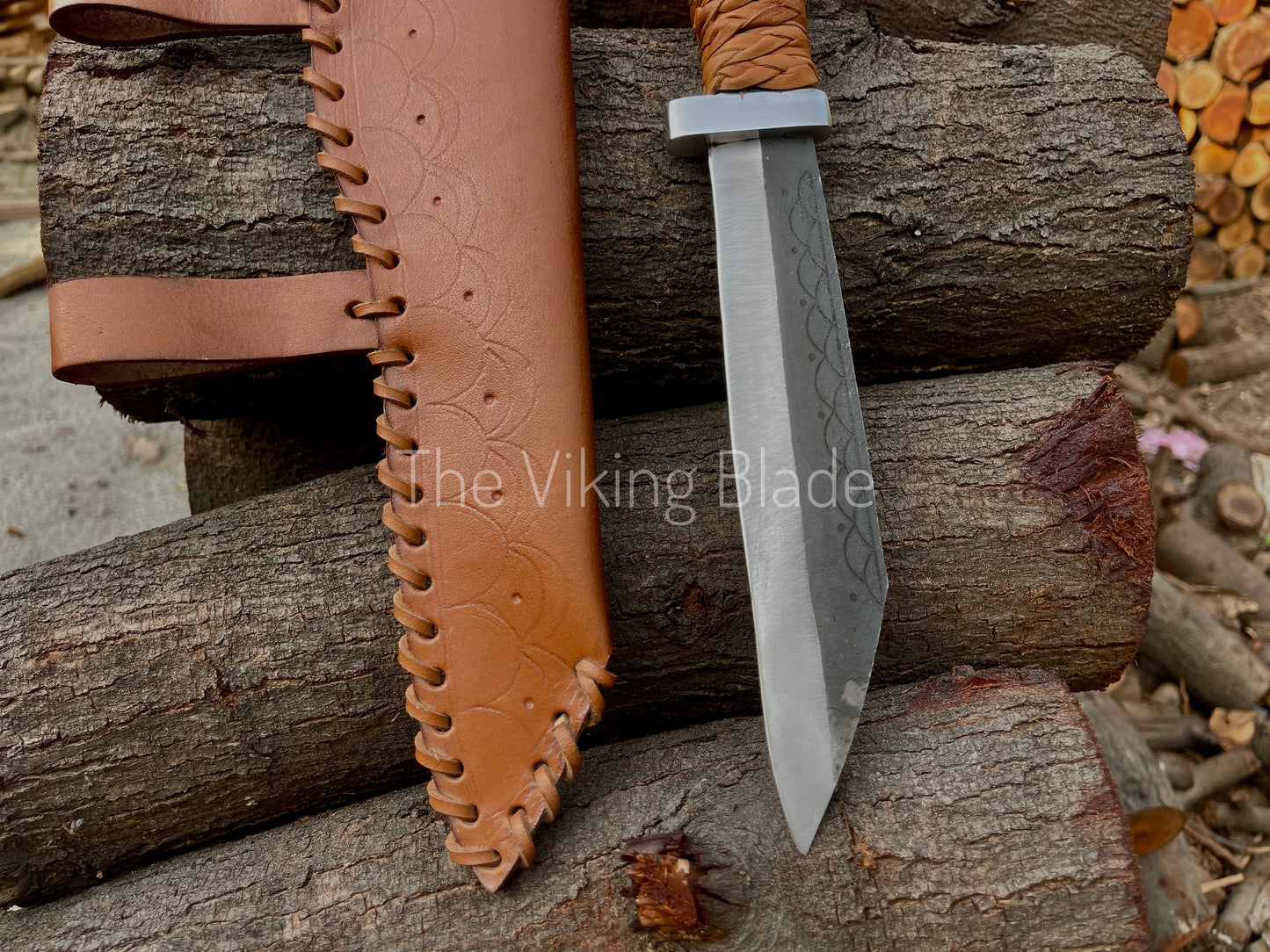 Close-up of the hand forged Troll Seax blade showing rugged craftsmanship