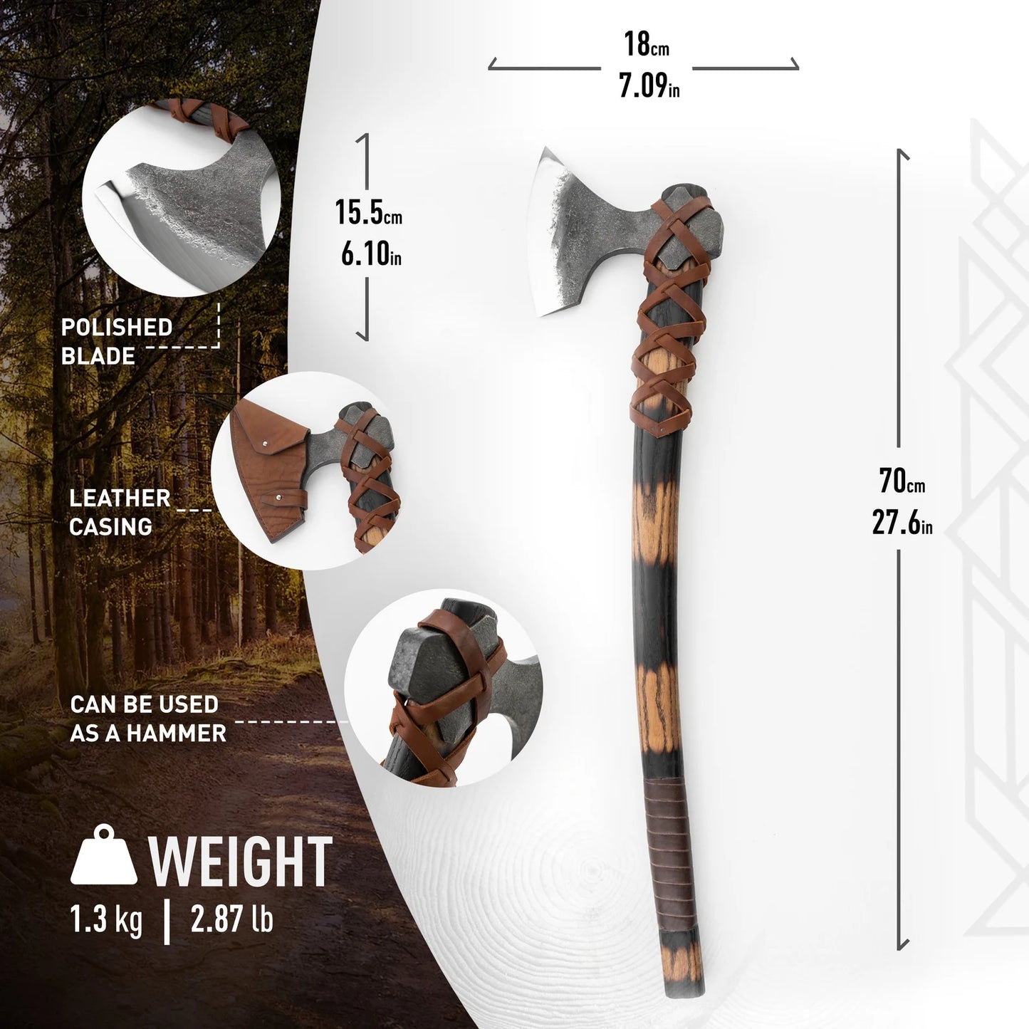 Axes with leather casing and measurements on a white background